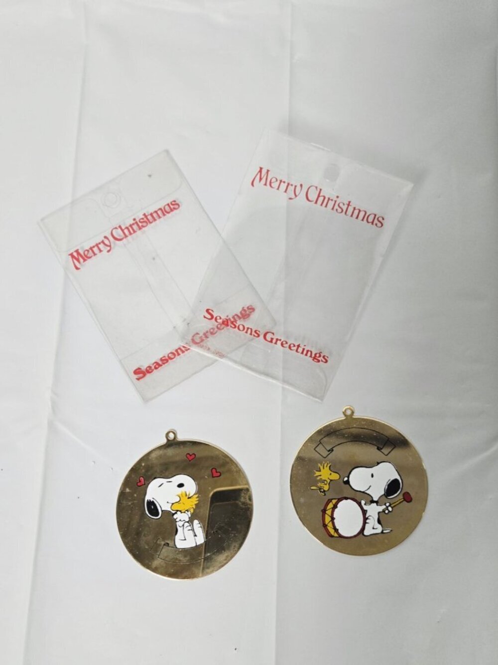Two Vintage Leonard Silver Co Metal Christmas Ornament Snoopy Hugging Woodstock
